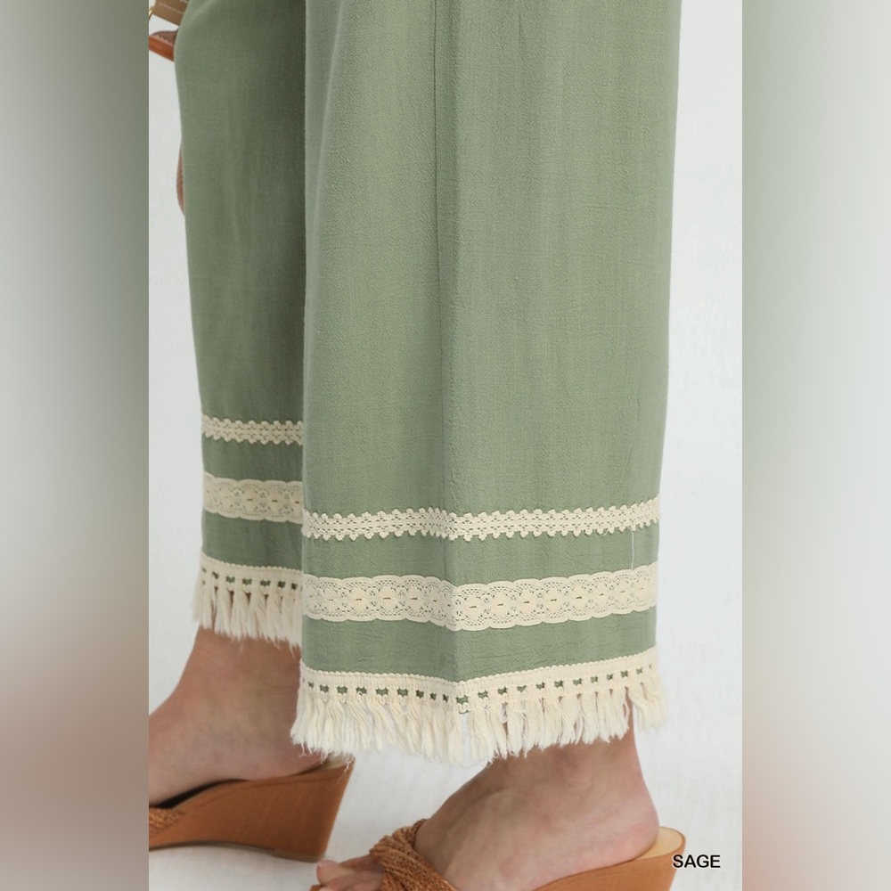 Umgee Lace Trim Fringe Hem Wide Leg Pants - Picture 4 of 6